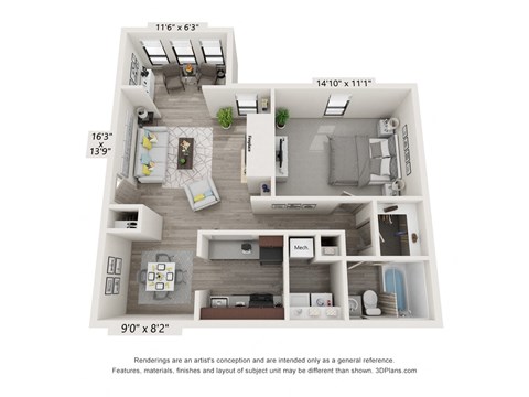 Floor plan for 1 bed, 1 bath, 870 sqft